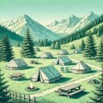 Illustration d'un camping à Guillestre, avec des tentes installées au cœur de la nature, entourées de montagnes et de sapins, offrant une ambiance paisible et authentique