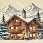Illustration d’un chalet en bois à Guillestre, niché dans un paysage montagnard avec une terrasse accueillante, idéal pour un séjour cosy en toutes saisons.
